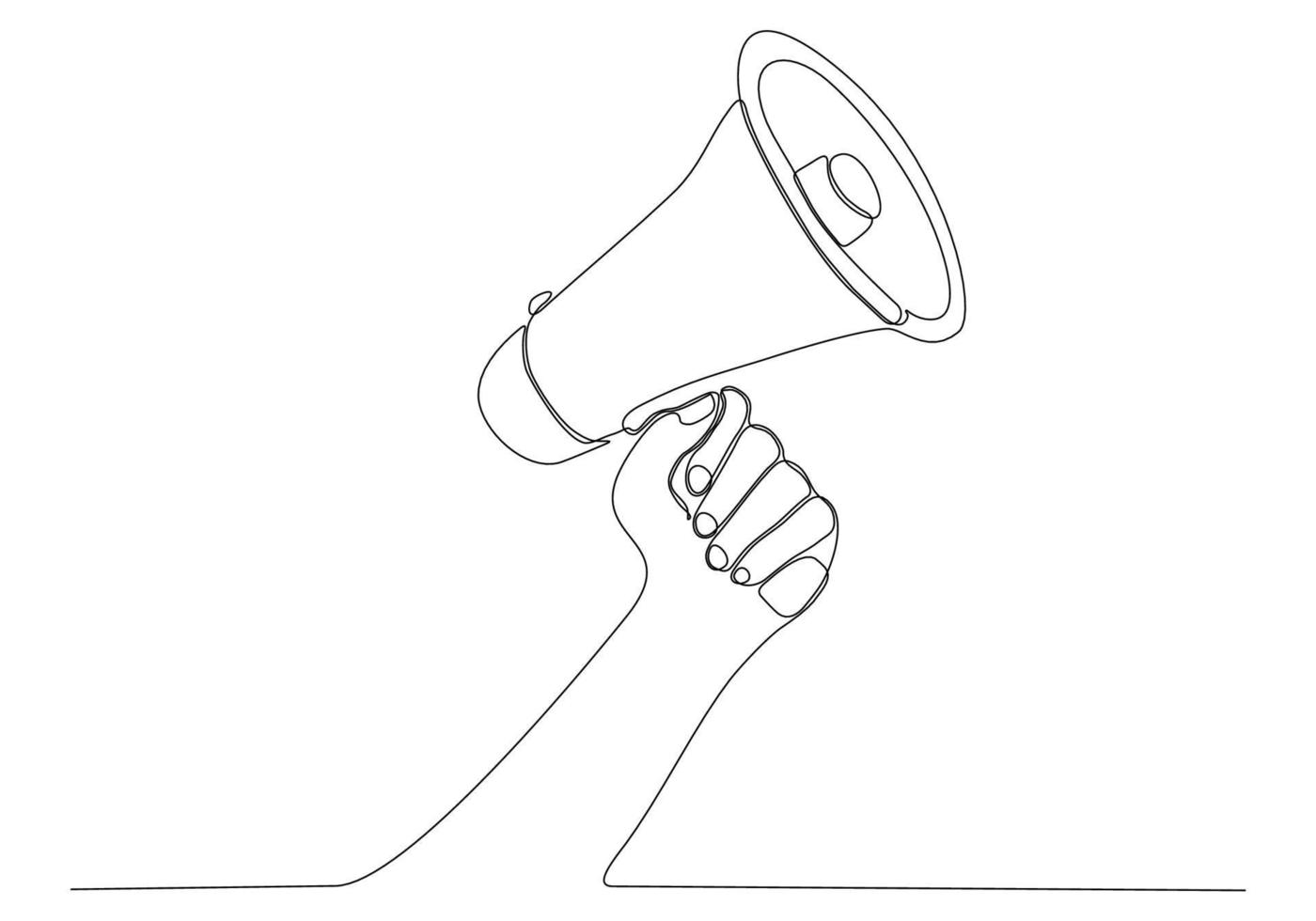 continuous line drawing of hand holding megaphone on white background vector illustration
