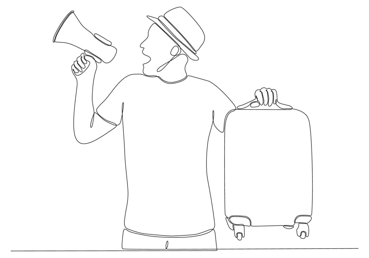 continuous line drawing of young man with megaphone on white background vector illustration