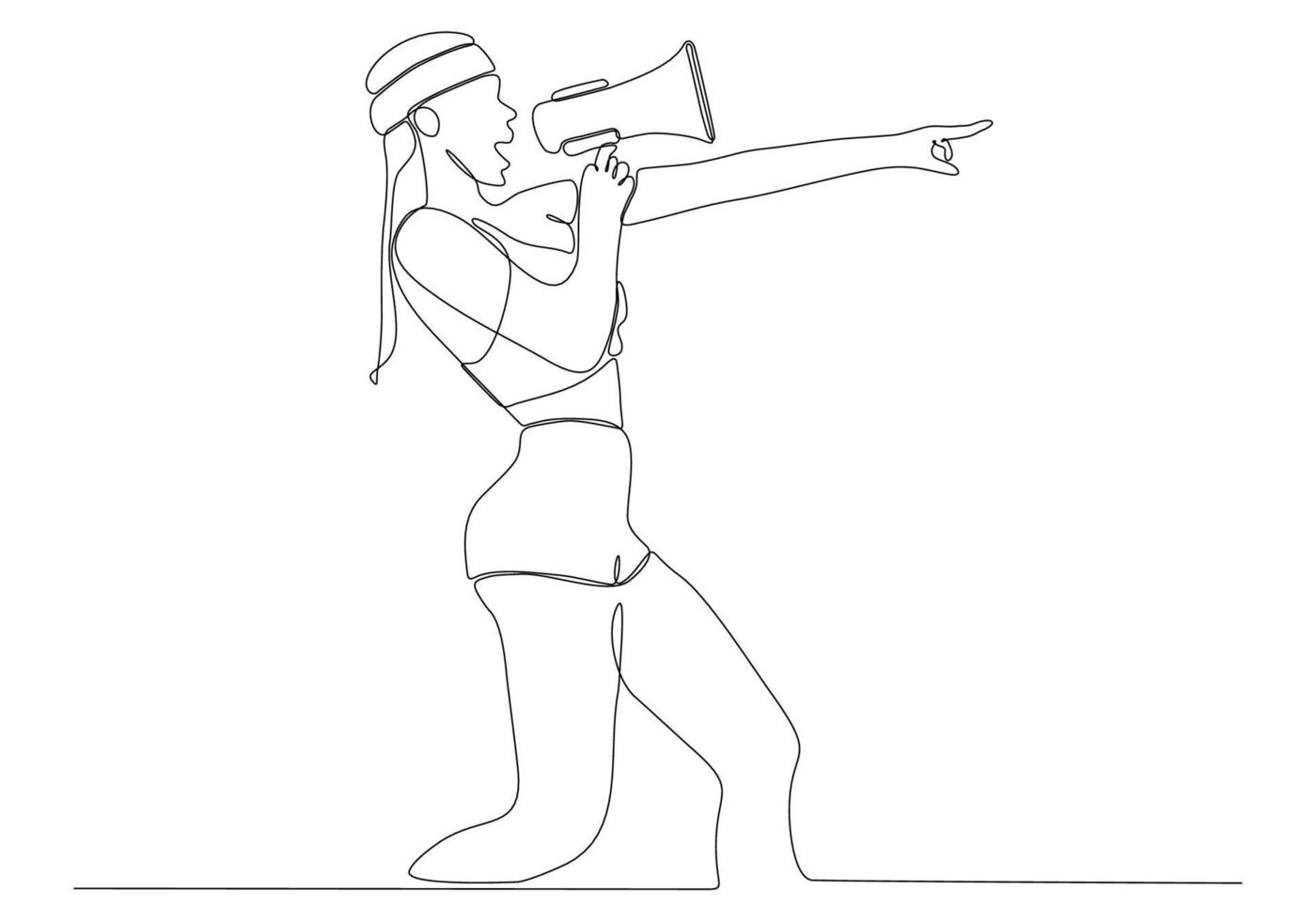 continuous line drawing of young woman with megaphone on white background vector illustration