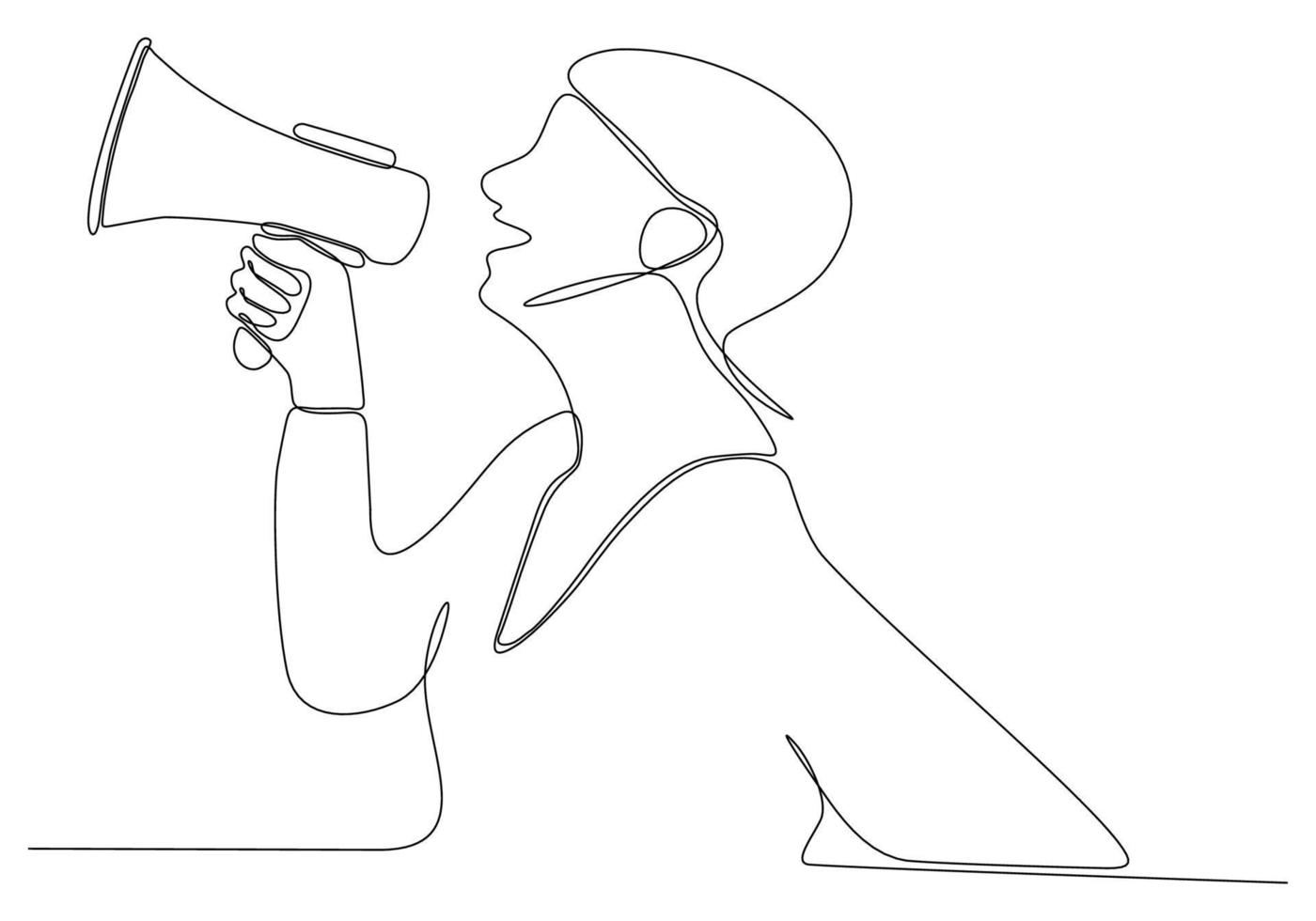 continuous line drawing of young woman with megaphone on white background vector illustration
