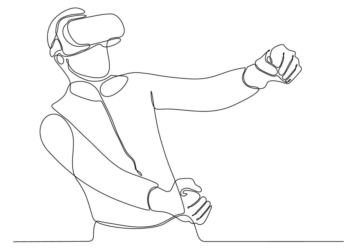 continuous line Man screaming and holding steering wheel of imaginary virtual car while standing on white background vector