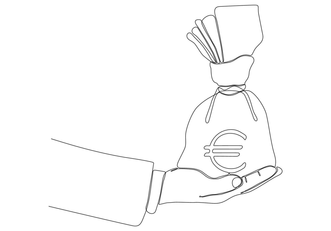 continuous line of hands holding money sacks euro vector illustration