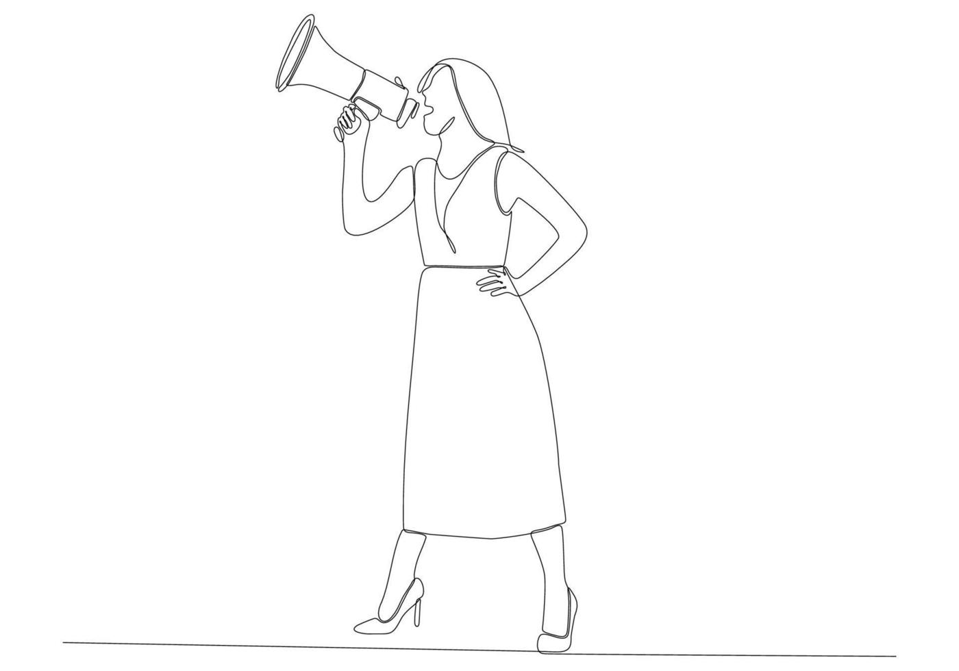 continuous line drawing of young woman with megaphone on white background vector illustration