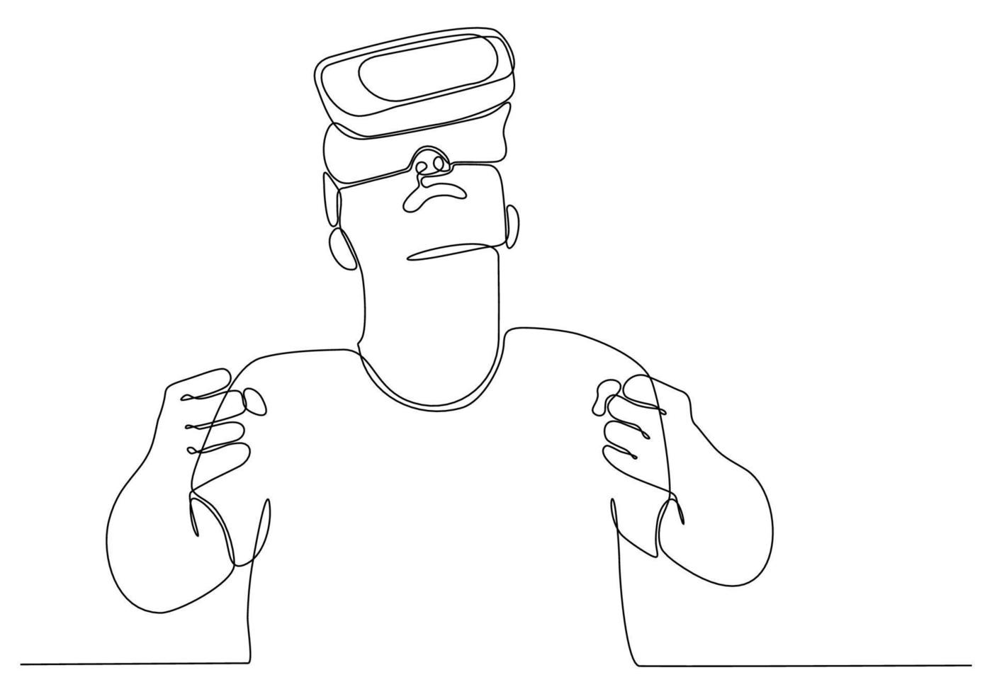 continuous line Man screaming and holding steering wheel of imaginary virtual car while standing on white background vector