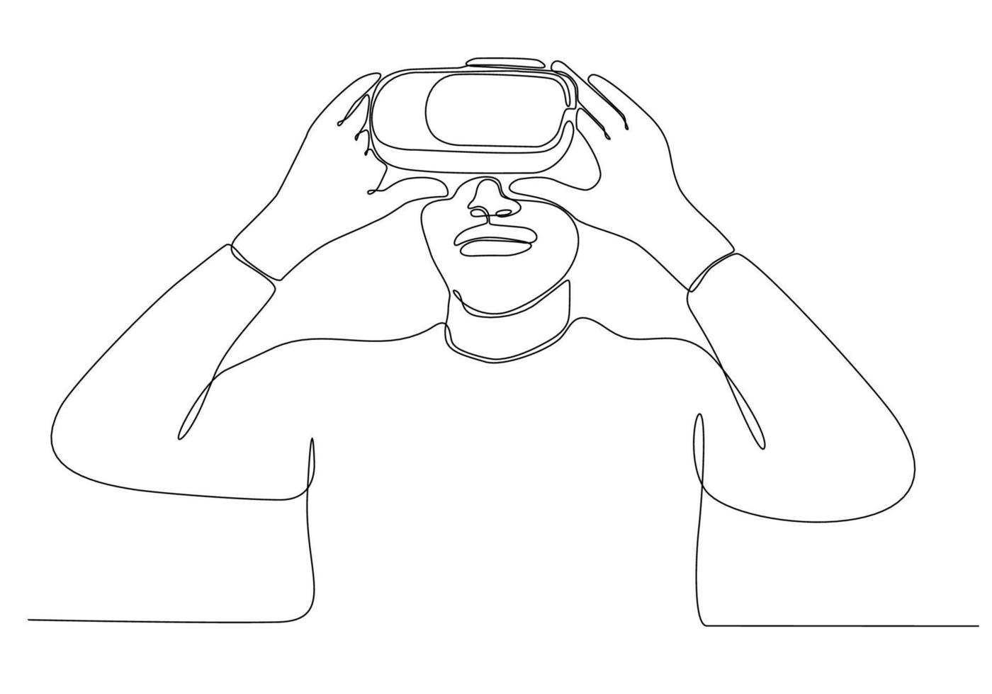 continuous line Man screaming and holding steering wheel of imaginary virtual car while standing on white background vector