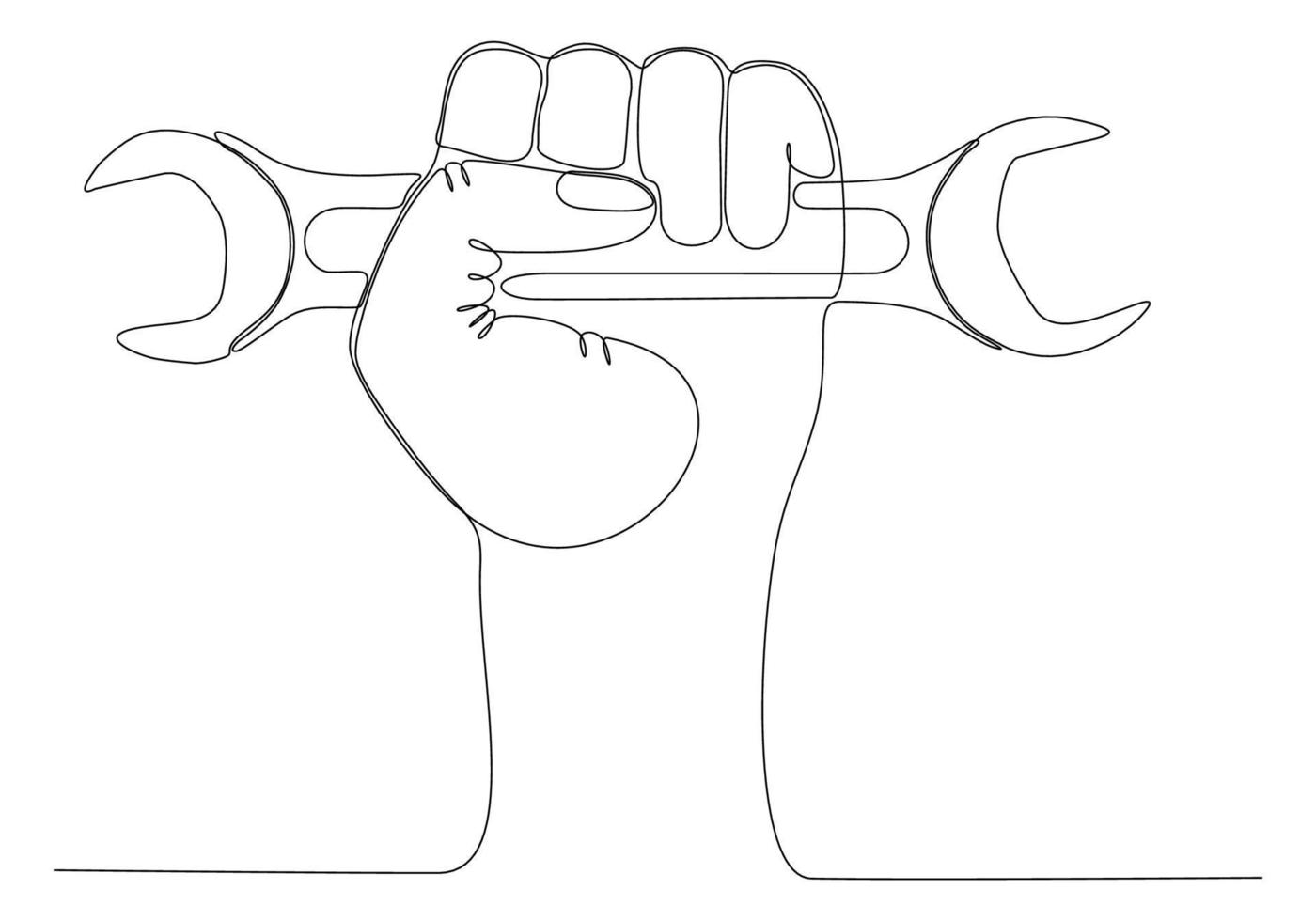Drawing continuous line of master hand holding wrench and other keys for car repair. auto service concept vector
