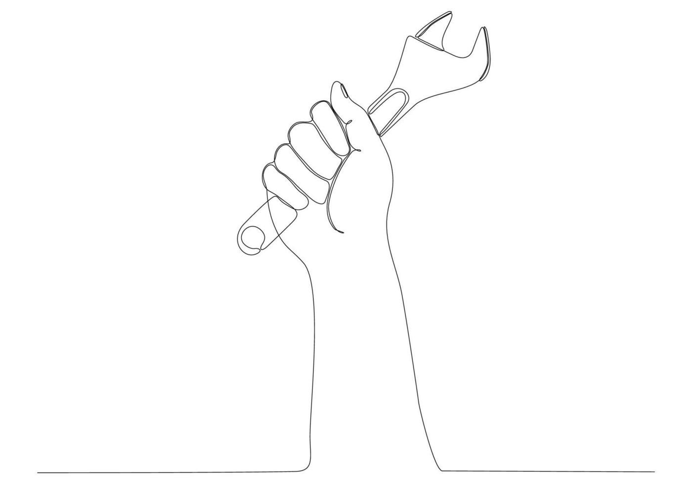 Drawing continuous line of master hand holding wrench and other keys for car repair. auto service concept vector