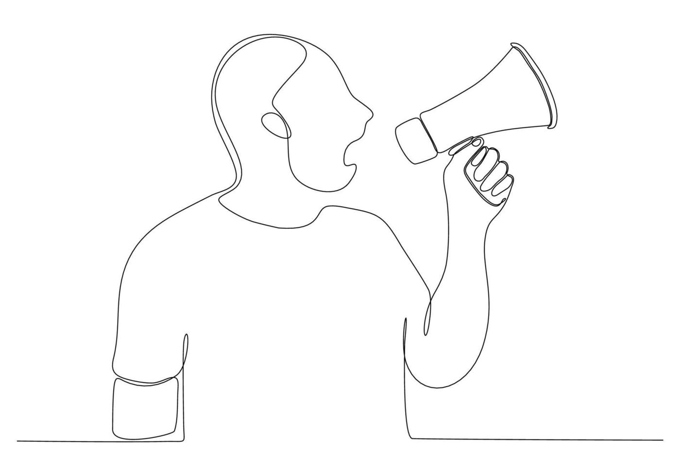 continuous line drawing of young man with megaphone on white background vector illustration