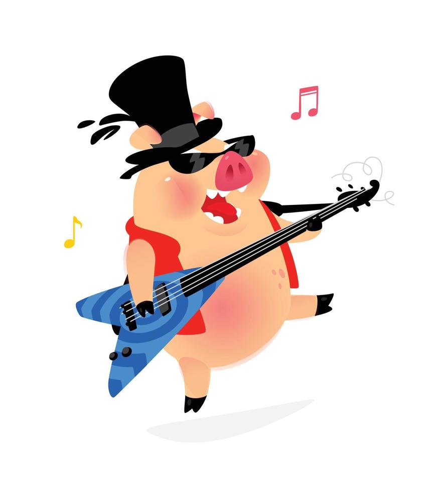 ilustración de un cerdo en un sombrero con una guitarra. vector. intérprete de rock de canciones populares disfrazado de cerdo. mascota de personajes para club de música, café, karaoke. imagen de dibujos animados brillante. vector