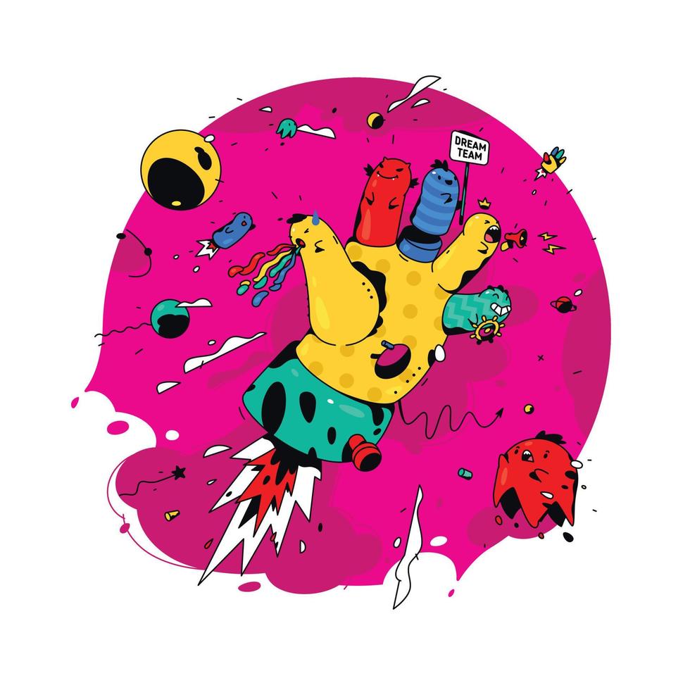 Abstract illustration of the hand. Vector. Surrealistic hand with fingers characters in space. Rocket-hand, the symbol of the chief and managers. Illustration for poster, banner. Image Team Dreams. vector