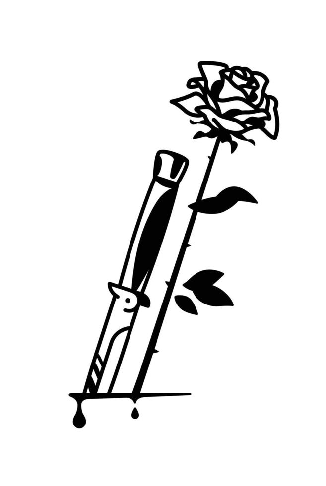 cuchillo de tatuaje y rosa. vector. tatuaje vintage al estilo de la vieja escuela americana. la imagen está aislada en el fondo blanco. dibujo de contorno cuchillo y flor, corte. vector