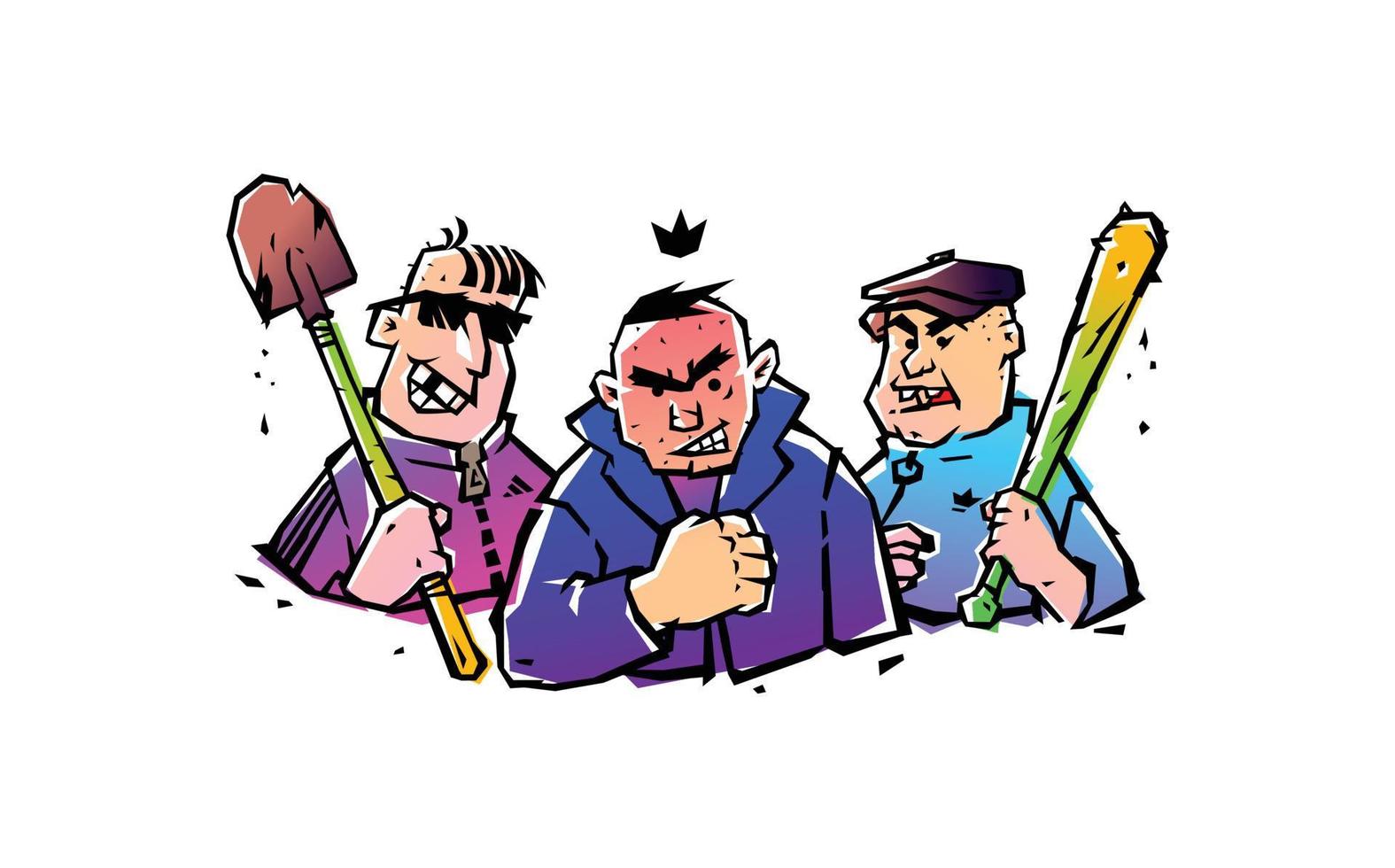 Illustration of three hooligans with a bat and a shovel. Vector. The illustration is isolated on a white background. Russian courtyard punks. Bandits and robbers. Funny mafia. vector