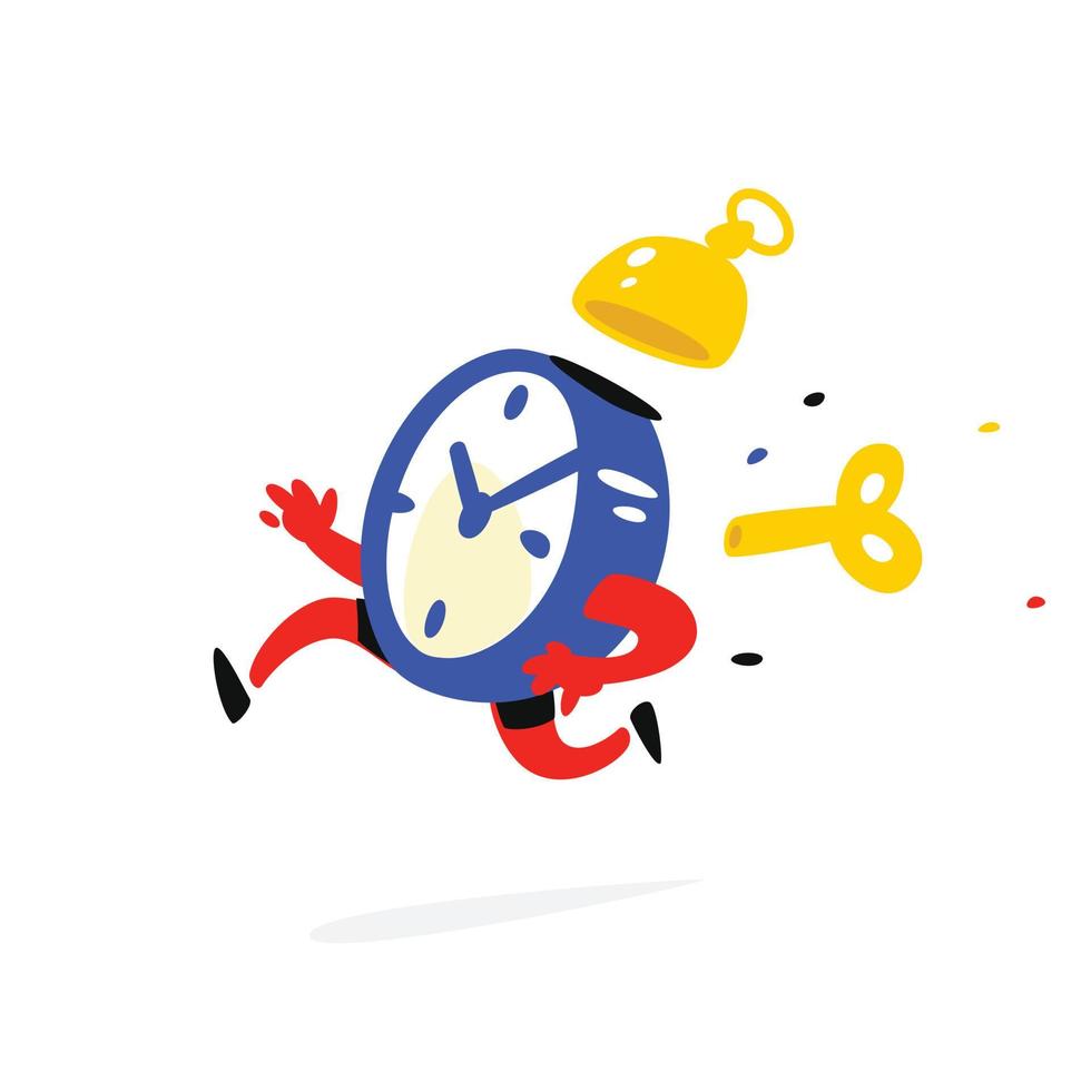 Cartoon character running alarm clock. Vector illustration. Time is up. The clock is running. Image is isolated on white background. Flat illustration for banner, print and website. Mascot company.