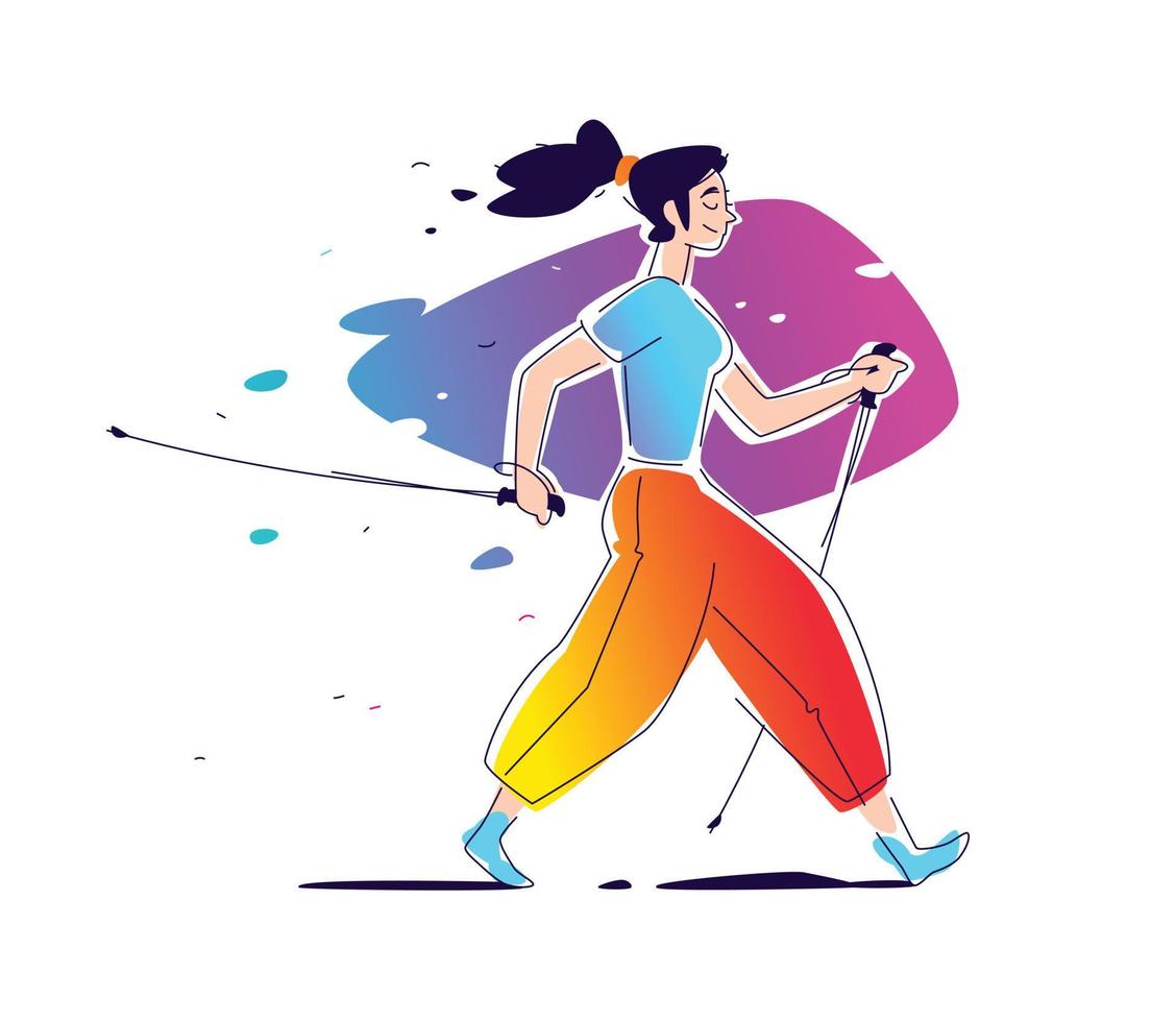 Illustration of the girl Scandinavian walking. The flat vector. Hiking in nature. The illustration is isolated on a white background. Scandinavian walking with sticks. Athletic way of life. Summer. vector