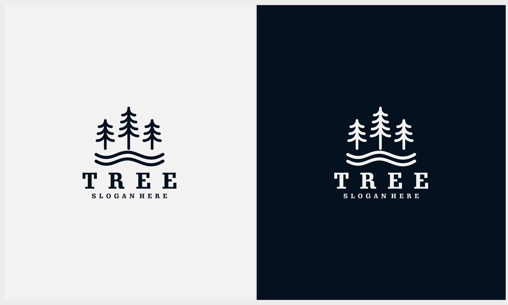 simple pine tree, evergreen with river symbol logo template with line art style vector