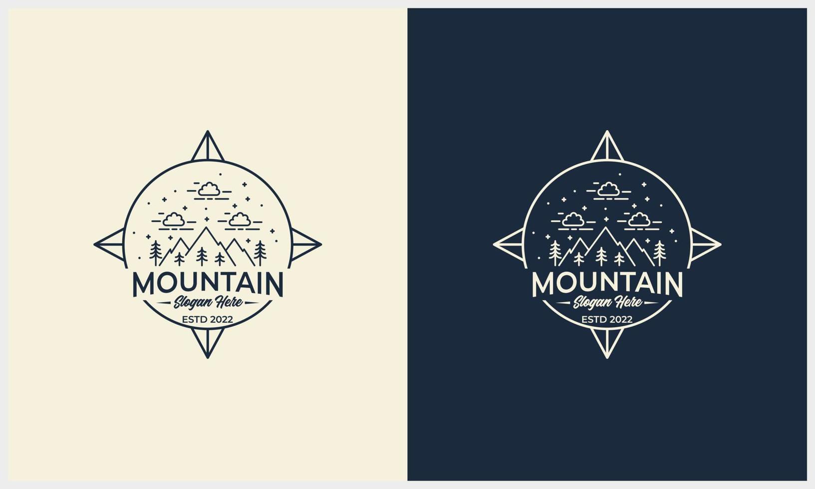 line art badge mountain and scenery illustration with compass logo concept template vector