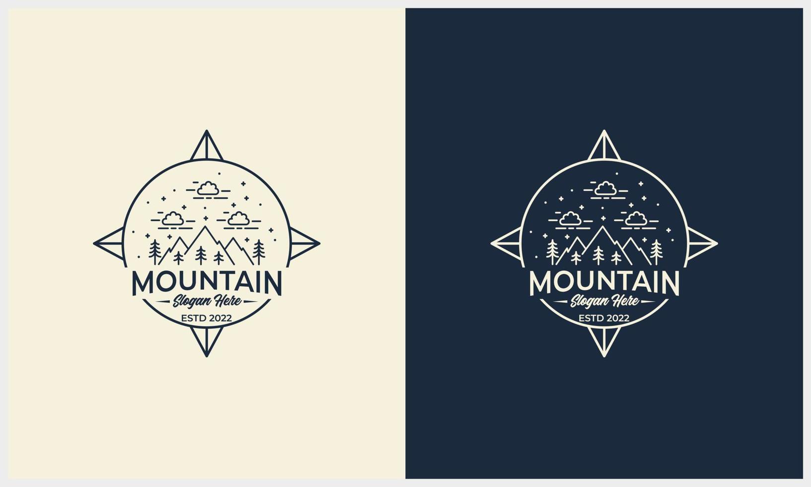 insignia de arte lineal ilustración de montaña y paisaje con plantilla de concepto de logotipo de brújula vector