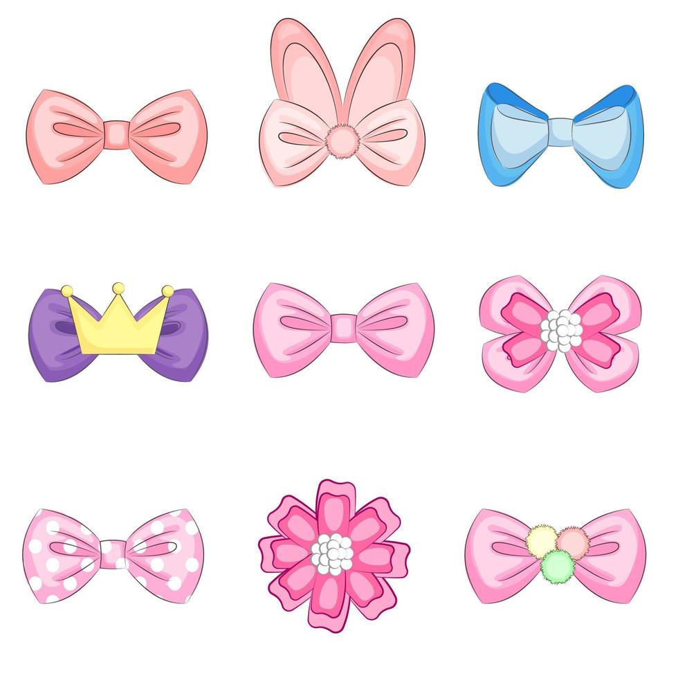 Set of cartoon bows, rubber bands for girl accessories, vector illustration