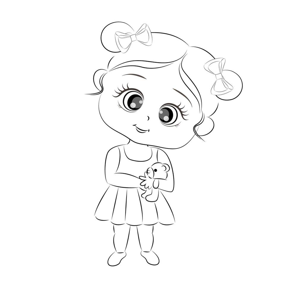Coloring book little girl with a teddy bear, vector illustration