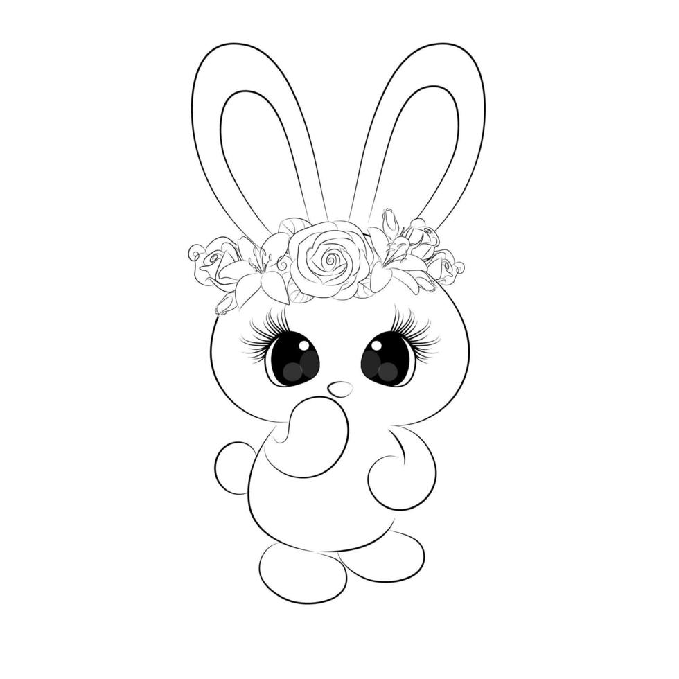 Coloring book Cute white rabbit with a wreath of flowers vector illustration