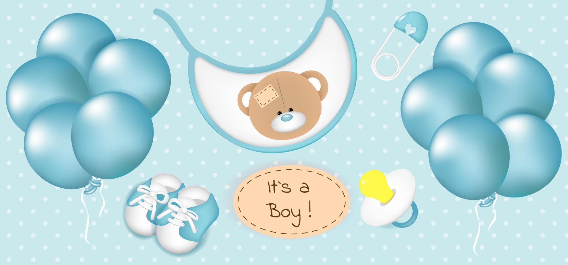 baby shower es una tarjeta de invitación de pancarta de niño con globos, chupete, zapatos y babero sobre fondo azul, ilustración vectorial vector