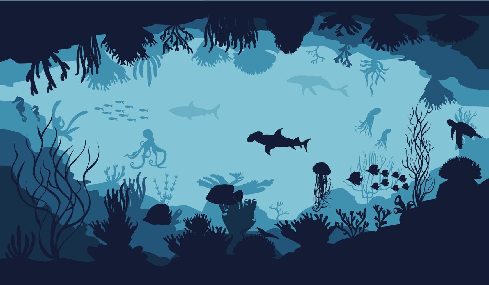 silhouette of coral reef with fish and divers on blue sea background underwater vector illustration