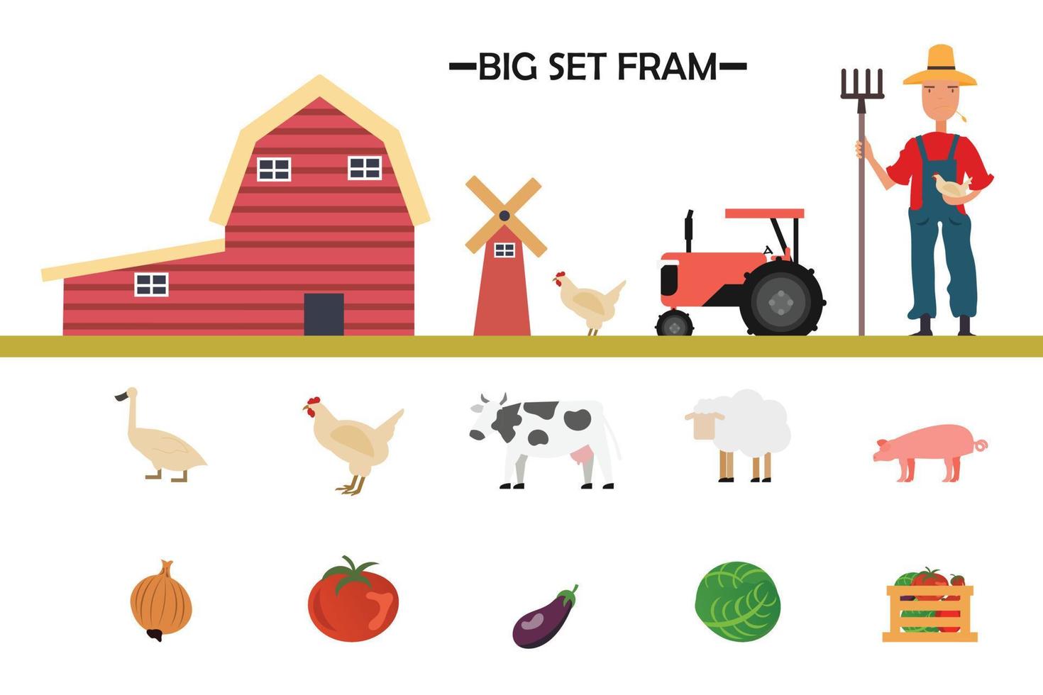 big set of vector farm elements and animals