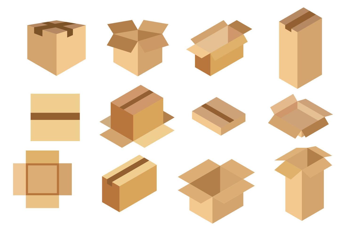 Set  packaging box. Isometric images . closed and open cardboard boxes on white background. vector illustration