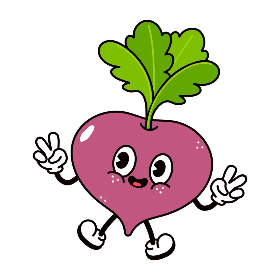 Cute funny jumping radish character. Vector hand drawn traditional cartoon vintage, retro, kawaii character illustration icon. Isolated on white background. Radish character concept