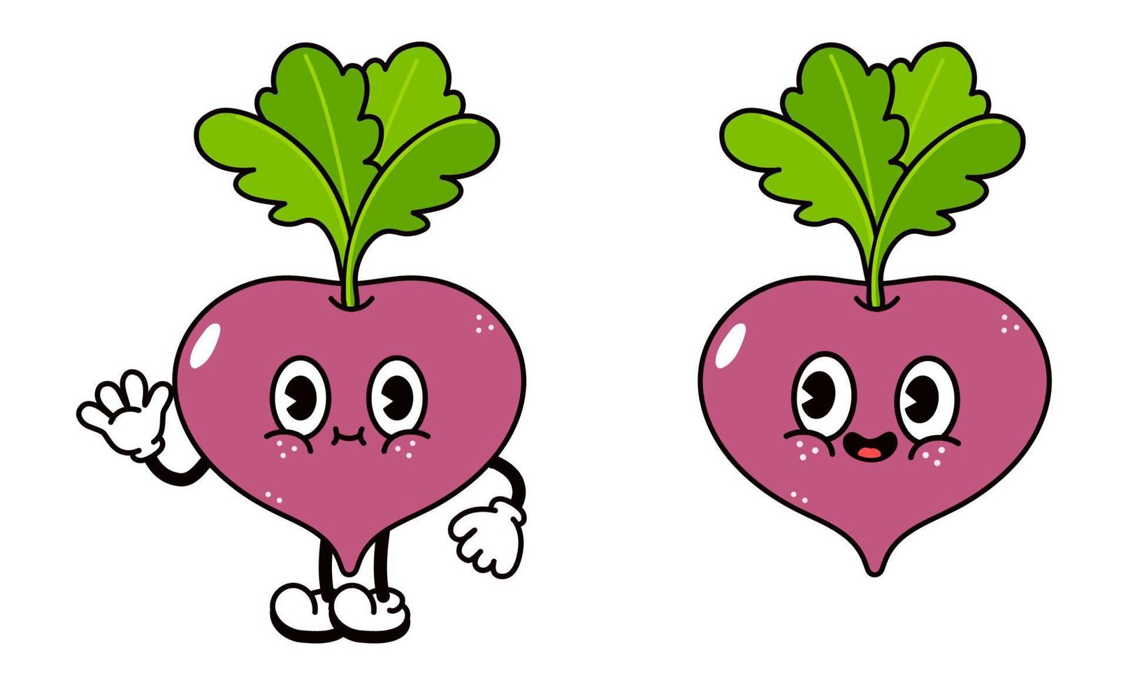 Cute funny radish waving hand character. Vector hand drawn traditional cartoon vintage, retro, kawaii character illustration icon. Isolated on white background. Radish character concept