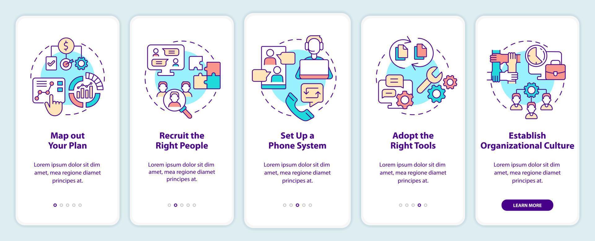 pasos para iniciar la oficina virtual incorporando la pantalla de la aplicación móvil. Guía del sistema en línea Páginas de instrucciones gráficas de 5 pasos con conceptos lineales. interfaz de usuario, ux, plantilla de interfaz gráfica de usuario. vector