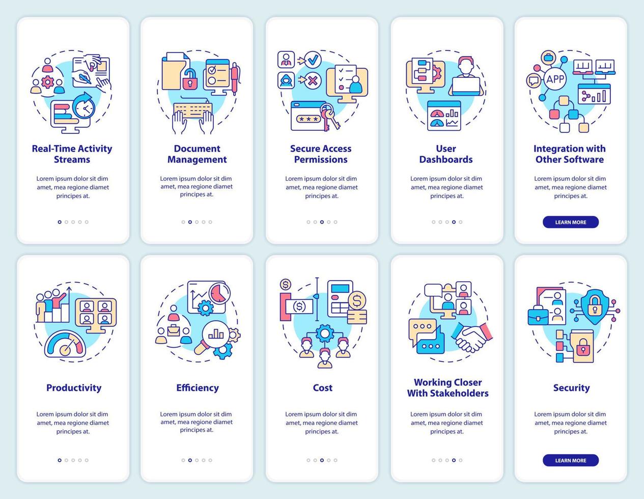 Online workplace onboarding mobile app screen set. Virtual office walkthrough 5 steps graphic instructions pages with linear concepts. UI, UX, GUI template. vector