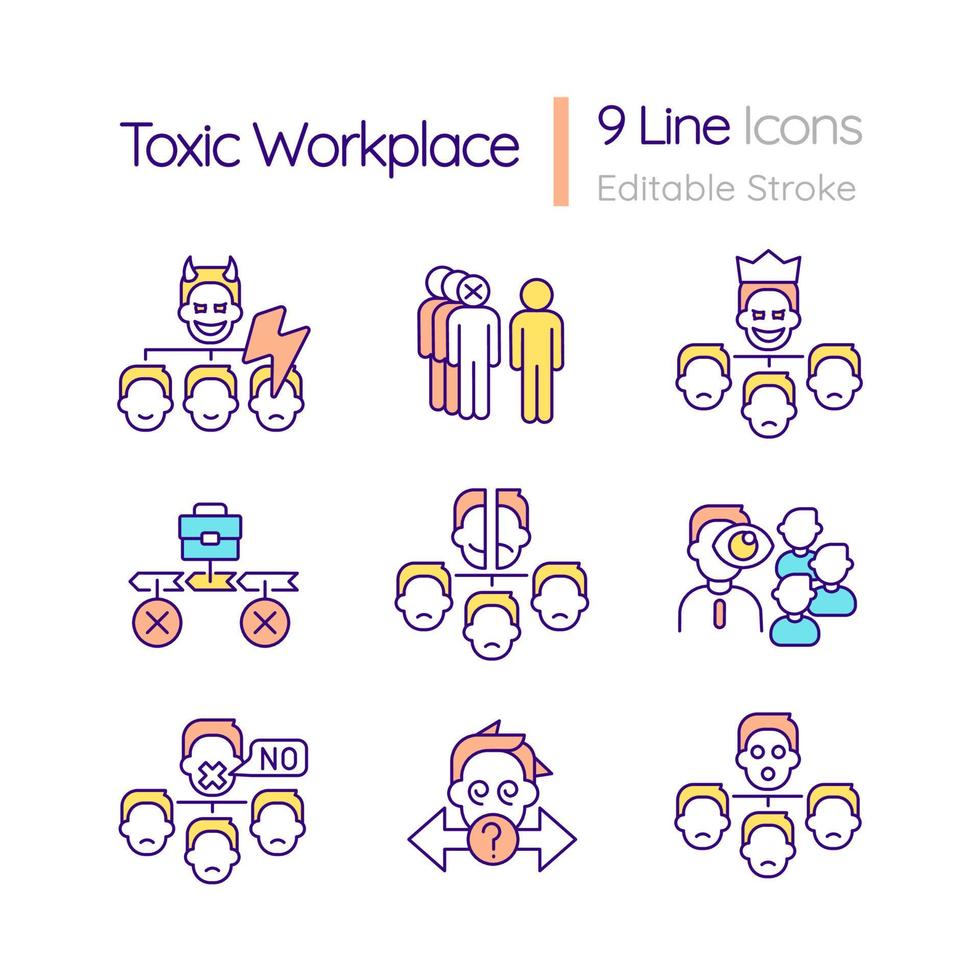 Toxic workplace RGB color icons set. Unhealthy and abusive environment. Isolated vector illustrations. Simple filled line drawings collection. Editable stroke.