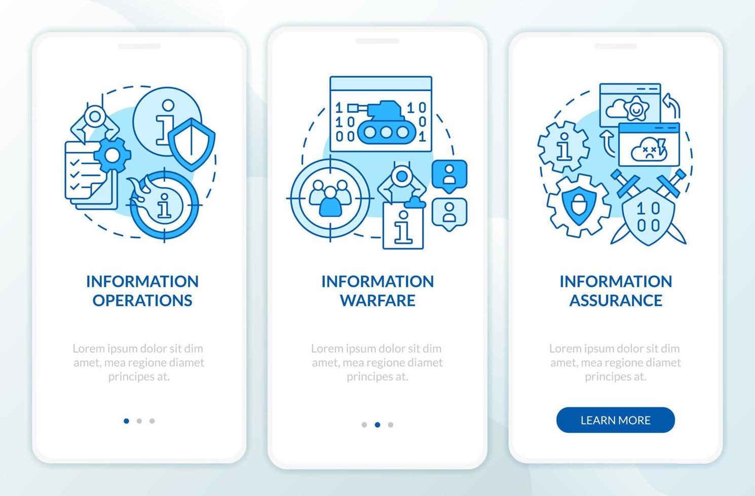 Basic definitions blue onboarding mobile app screen. Information warfare walkthrough 3 steps graphic instructions pages with linear concepts. UI, UX, GUI template. vector