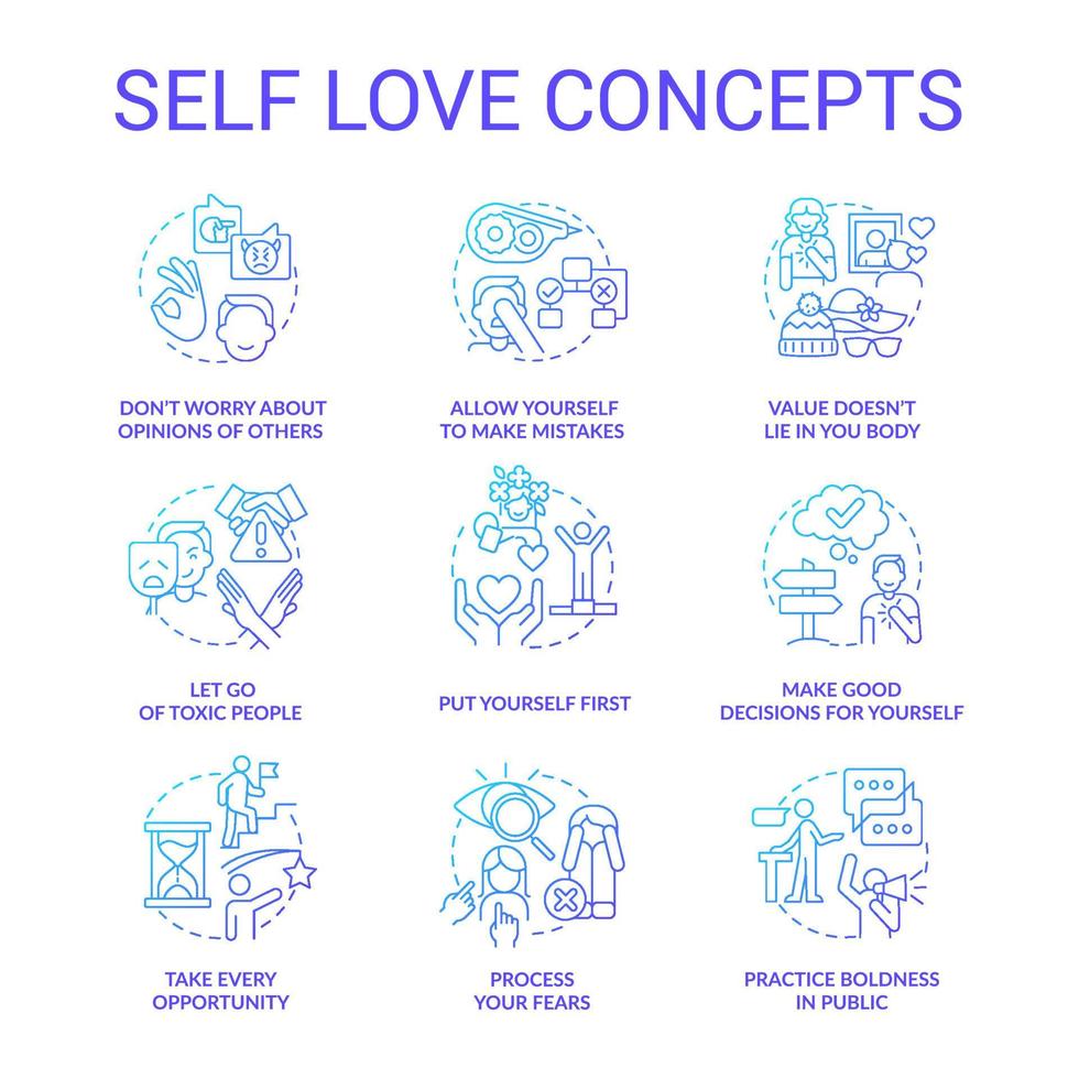 Self love blue gradient concept icons set. Care about personal mental wellness idea thin line color illustrations. Leaving toxic people. Isolated symbols. vector