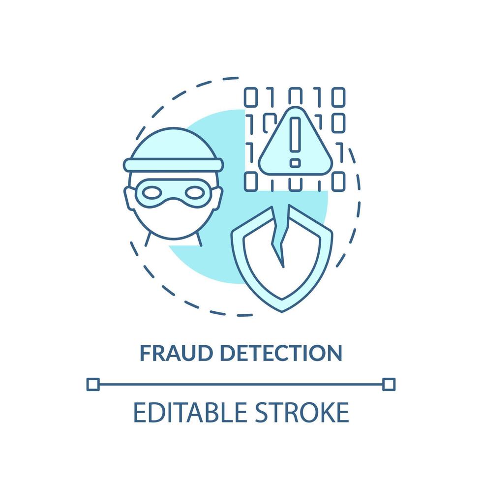 icono de concepto turquesa de detección de fraude. actividad fraudulenta. uso de la ilustración de línea delgada de idea abstracta de aprendizaje automático. dibujo de contorno aislado. trazo editable. vector