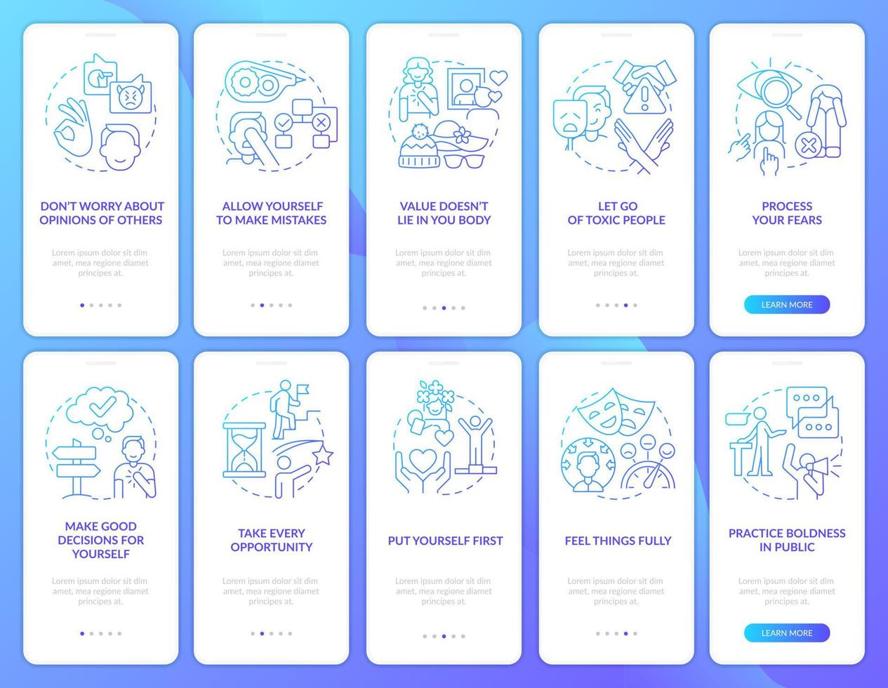 Be good to yourself ways blue gradient onboarding mobile app screen set. Walkthrough 5 steps graphic instructions pages with linear concepts. UI, UX, GUI template. vector