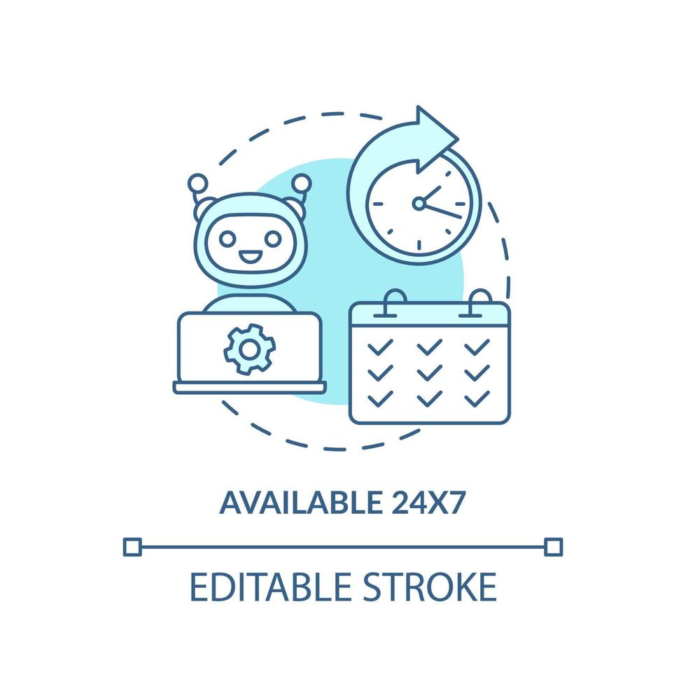 Available at any time turquoise concept icon. Continual work. Artificial intelligence abstract idea thin line illustration. Isolated outline drawing. Editable stroke. vector