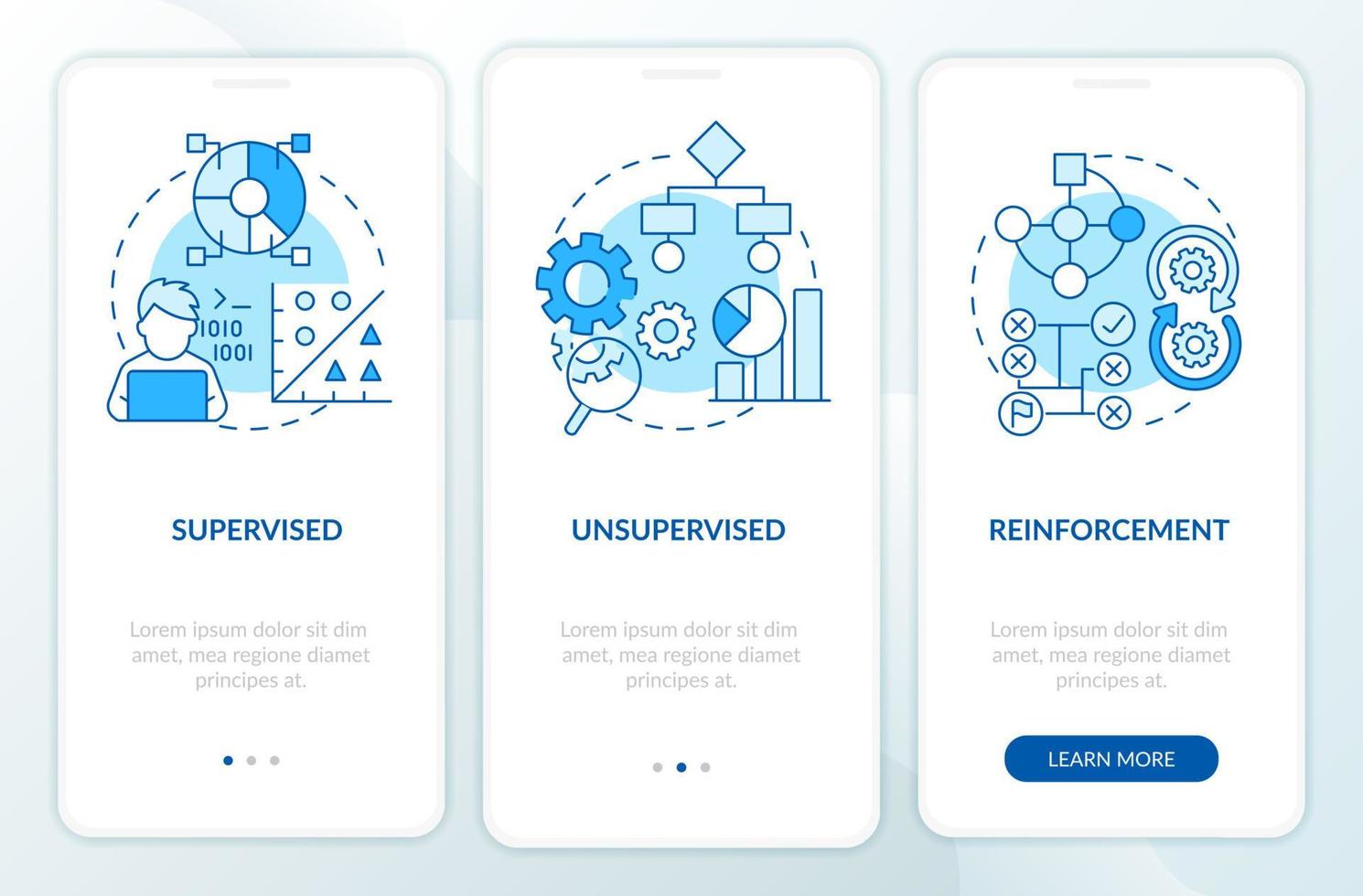 Categories of machine learning blue onboarding mobile app screen. Walkthrough 3 steps graphic instructions pages with linear concepts. UI, UX, GUI template. vector