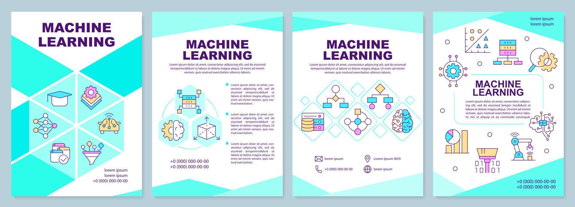 Machine learning brochure template. Data collection and processing. Leaflet design with linear icons. 4 vector layouts for presentation, annual reports.