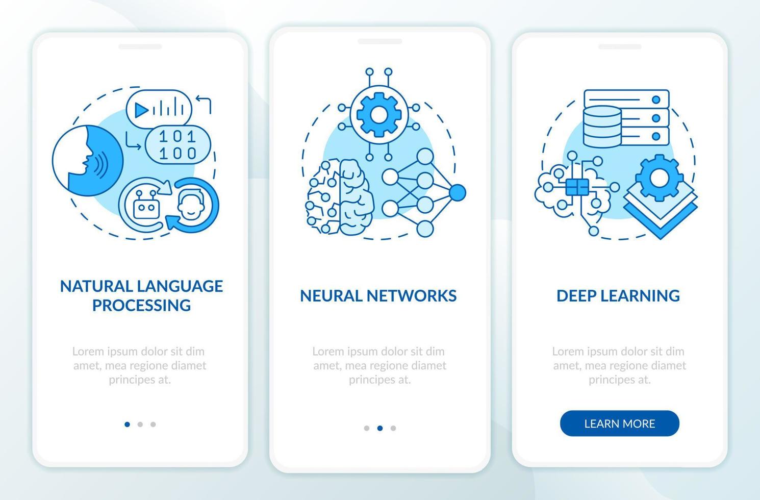 Fields of machine learning blue onboarding mobile app screen. Walkthrough 3 steps graphic instructions pages with linear concepts. UI, UX, GUI template. vector