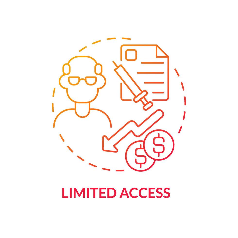 Limited access red gradient concept icon. Lack adequate health insurance abstract idea thin line illustration. Poor health outcome risk. Isolated outline drawing. vector