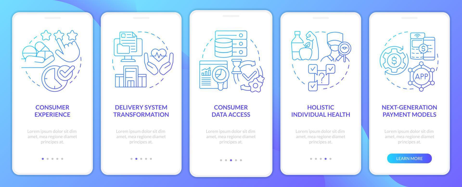 problemas de gestión médica pantalla de la aplicación móvil de incorporación de gradiente azul. tutorial 5 pasos páginas de instrucciones gráficas con conceptos lineales. interfaz de usuario, ux, plantilla de interfaz gráfica de usuario. vector