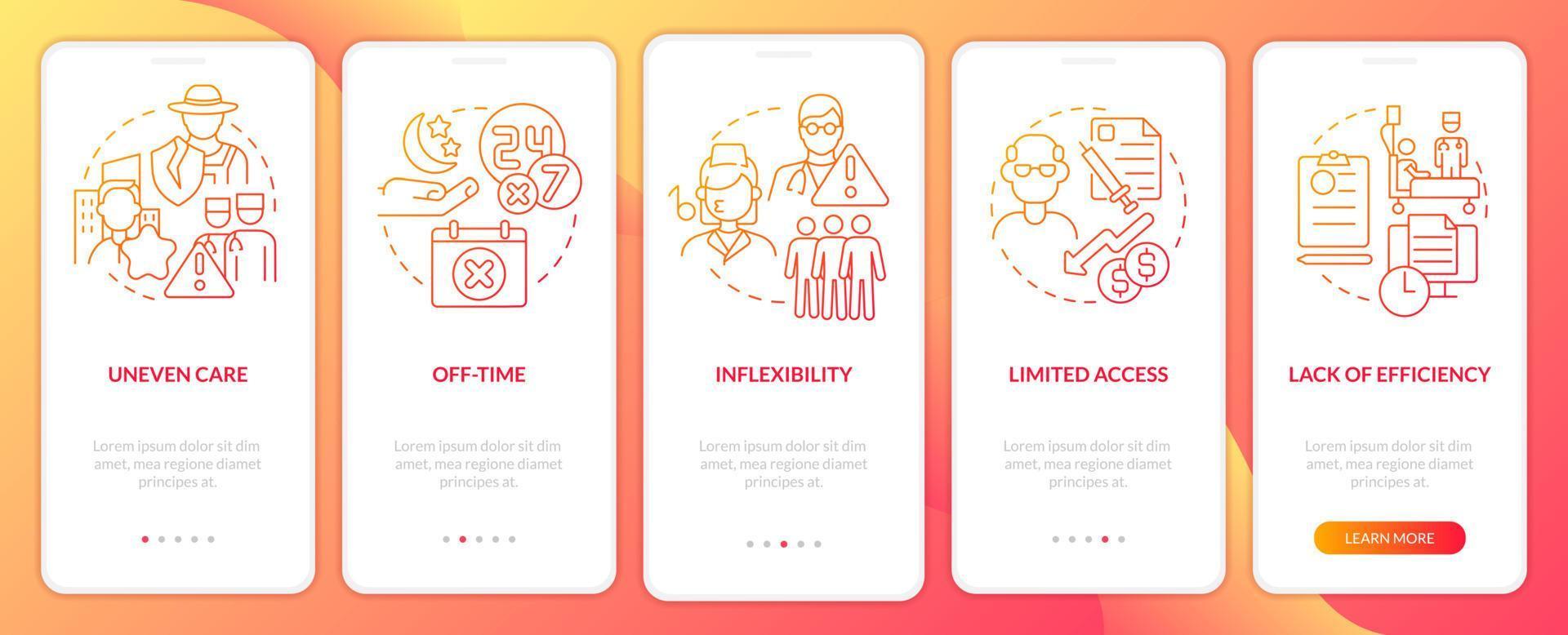 Factors prevent access to healthcare onboarding mobile app screen. Walkthrough 5 steps graphic instructions pages with linear concepts. UI, UX, GUI template. vector