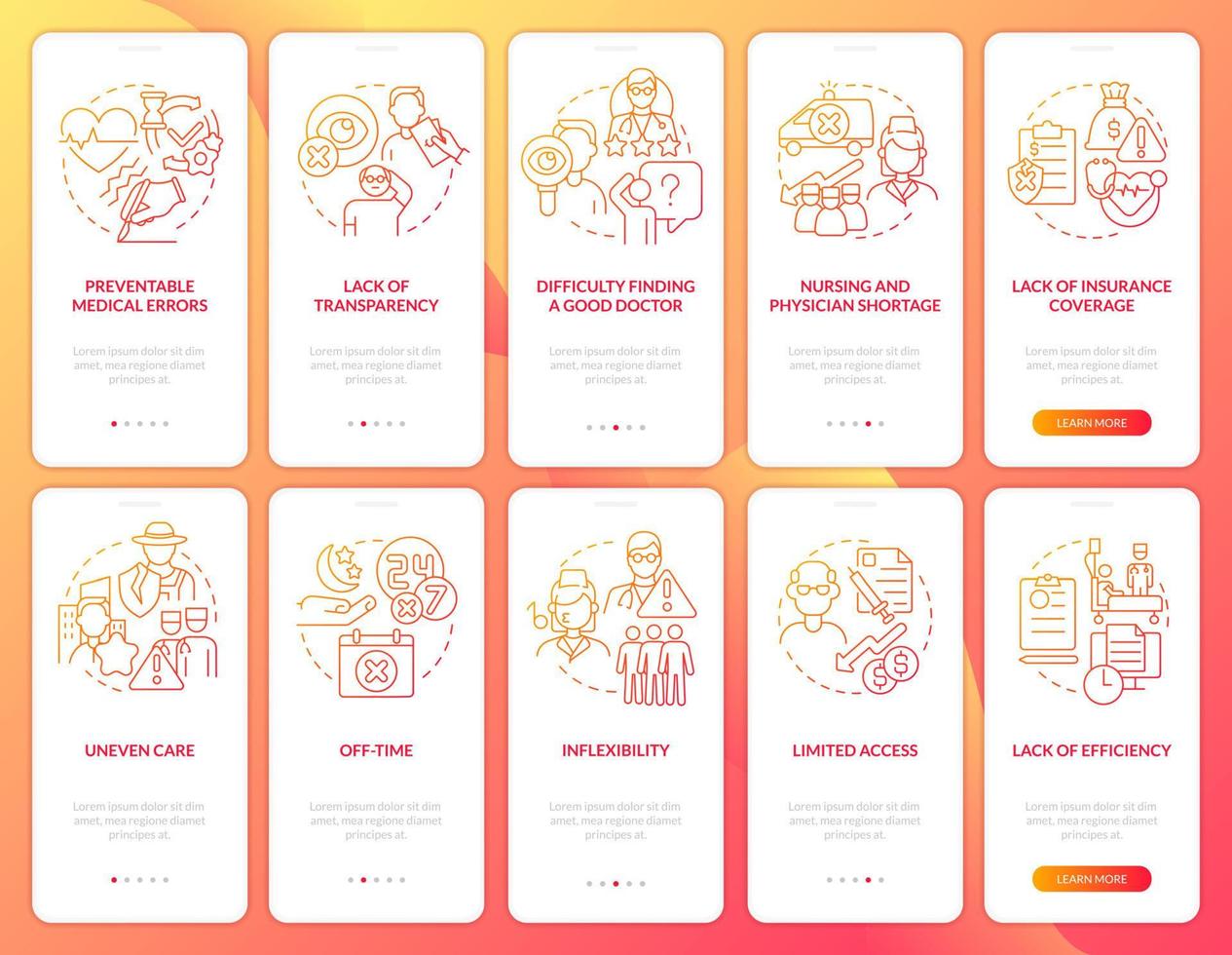 Complaints about medicare red gradient onboarding mobile app screen set. Walkthrough 5 steps graphic instructions pages with linear concepts. UI, UX, GUI template. vector