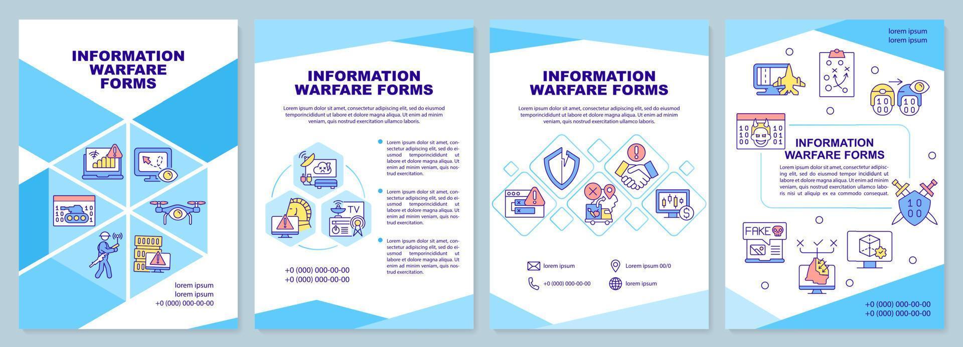 Infomation warfare forms blue brochure template. Adversary intelligence. Leaflet design with linear icons. 4 vector layouts for presentation, annual reports.