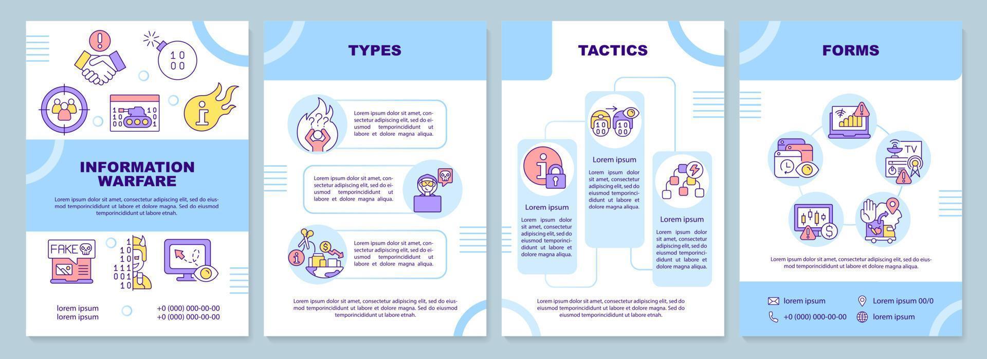 Information warfare weapons blue brochure template. Mislead adversary. Leaflet design with linear icons. 4 vector layouts for presentation, annual reports.