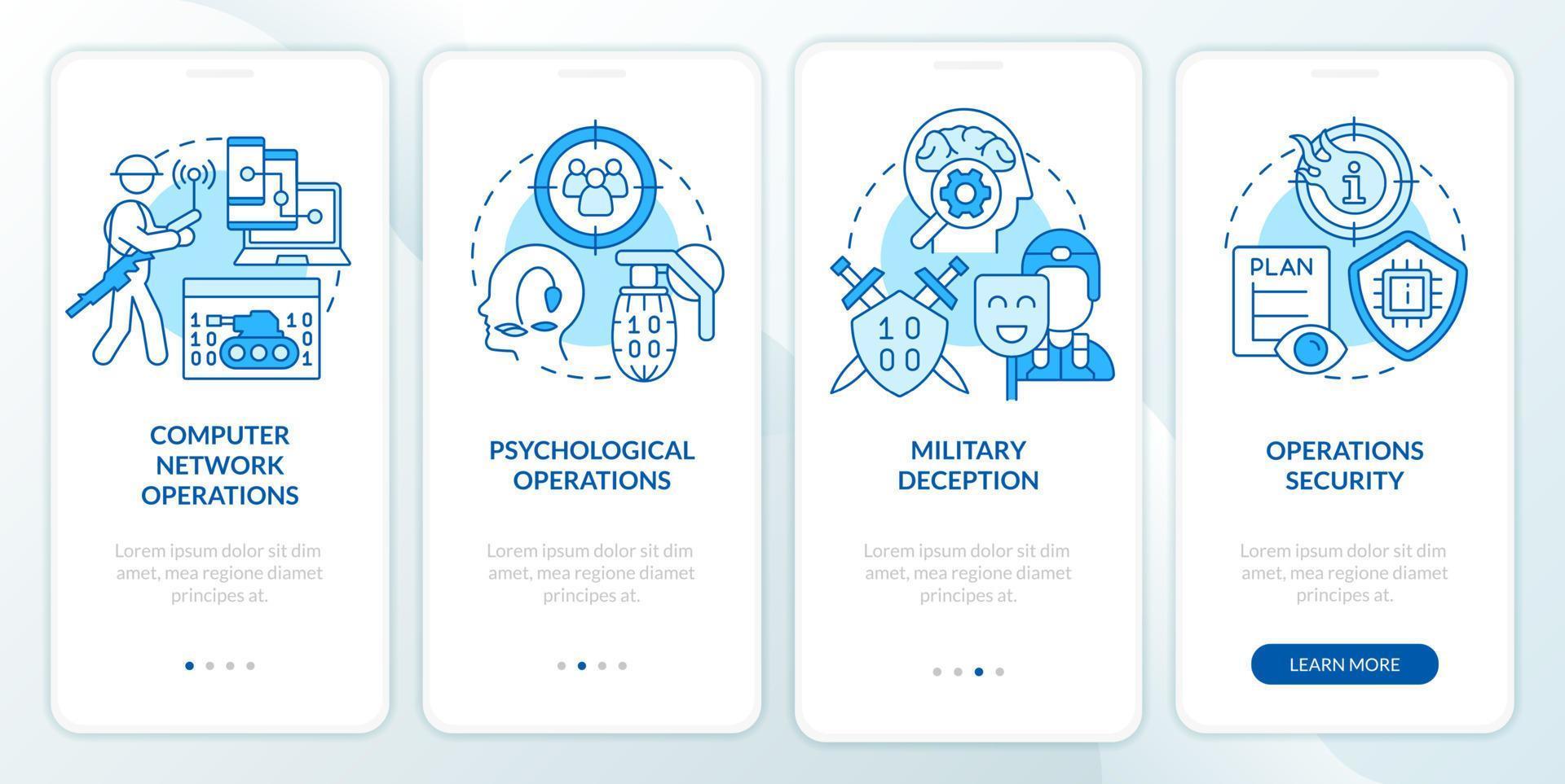 Information operations blue onboarding mobile app screen. Walkthrough 4 steps graphic instructions pages with linear concepts. UI, UX, GUI template. vector