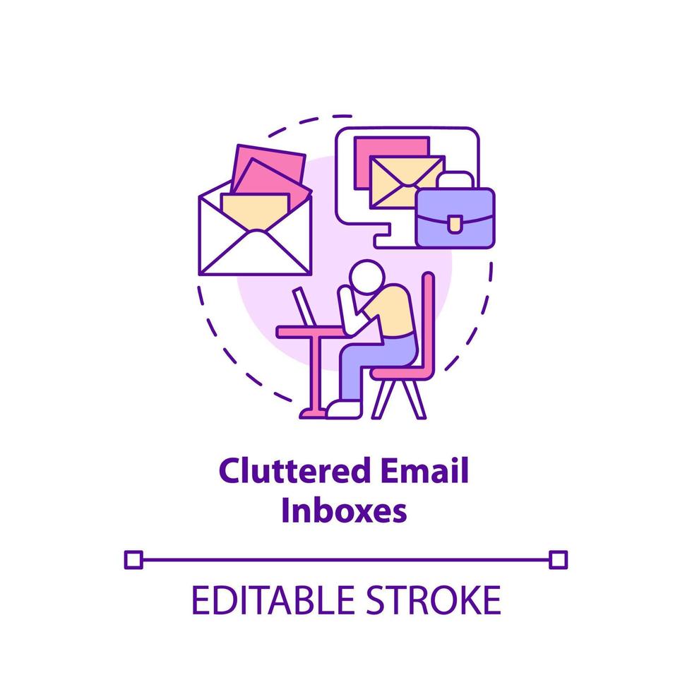 Cluttered email inboxes concept icon. Disadvantage of online collaboration abstract idea thin line illustration. Isolated outline drawing. Editable stroke. vector