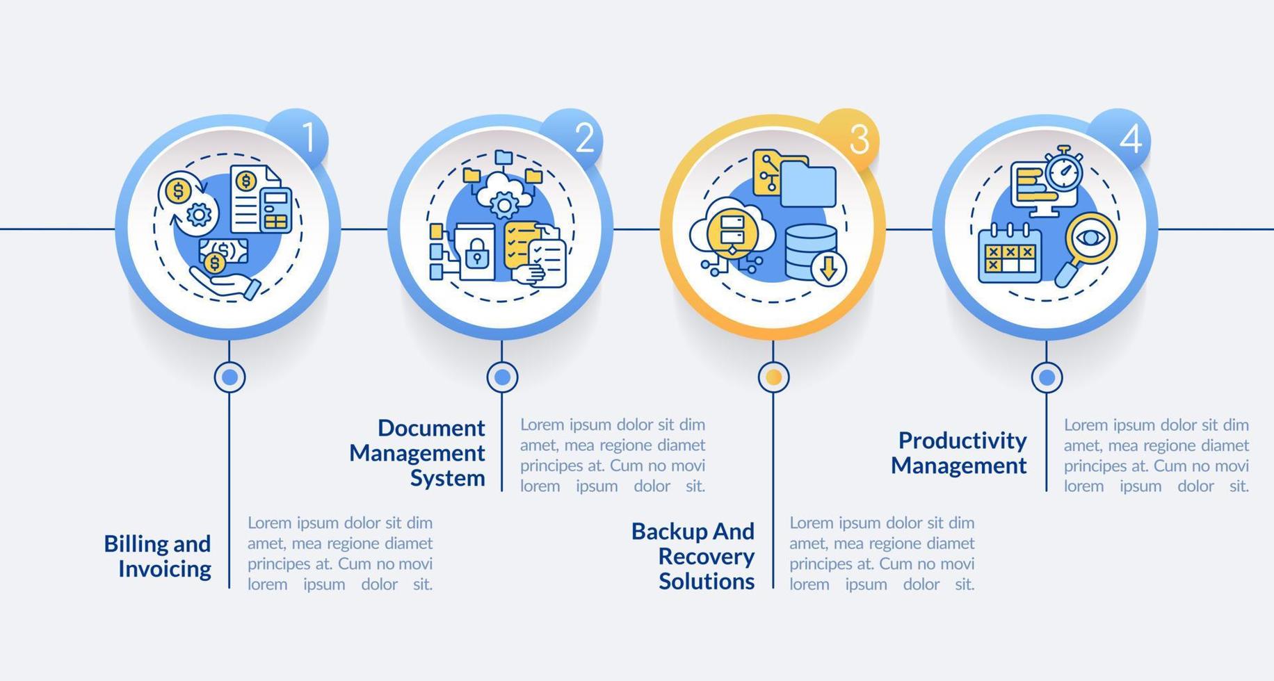 Tools for online workplace circle infographic template. System build. Data visualization with 4 steps. Process timeline info chart. Workflow layout with line icons. vector